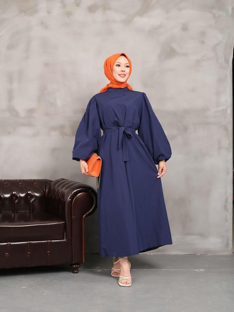 Nergis Neva Butik Lacivert Balon Kol Elbise