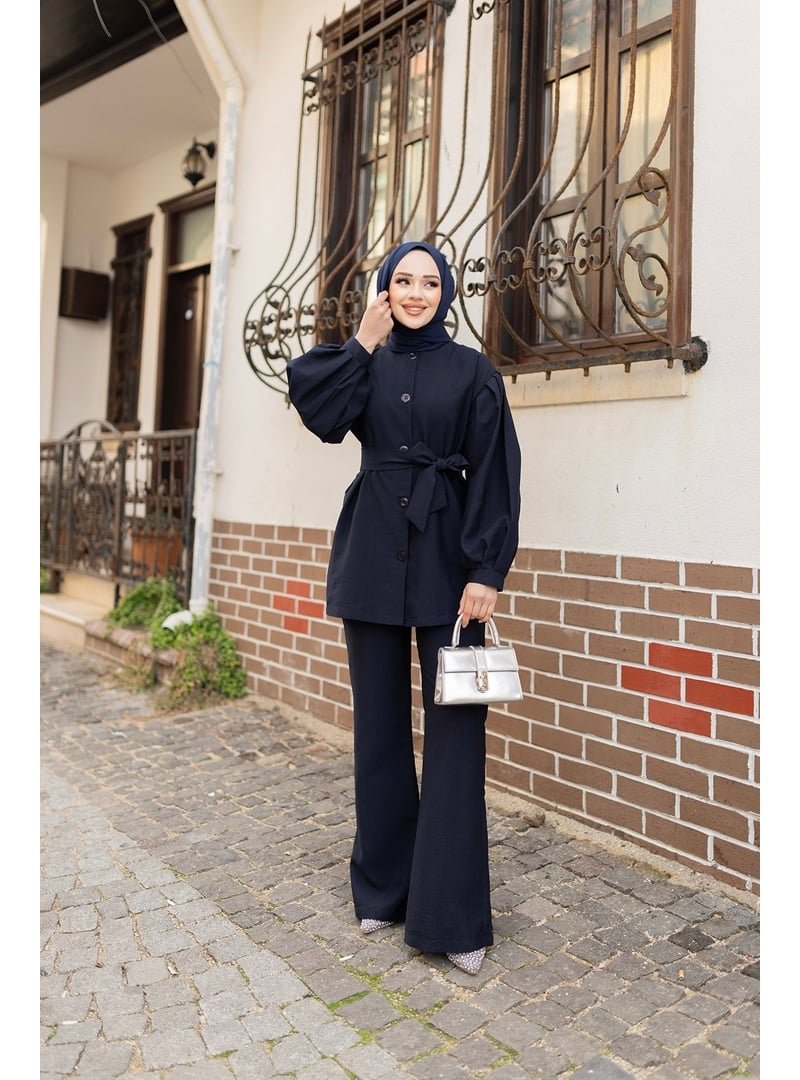 Locco Moda Lacivert Pile Detaylı Kuşaklı İkili Takım