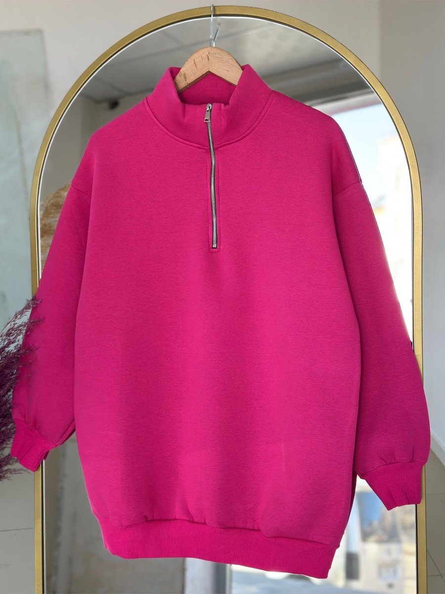 Ebrar Store Birgül Fermuarlı Yarım Balıkçı Üç İp Sweat Fuşya