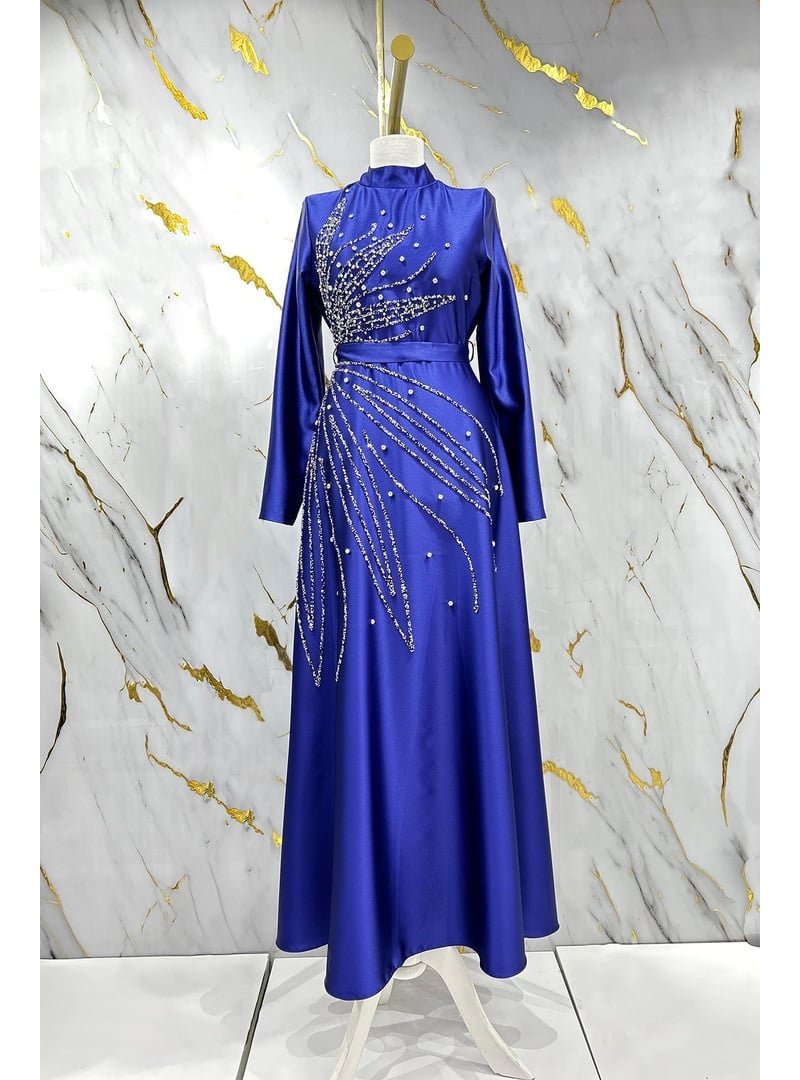 Hakimoda Lacivert Saren Saten Abiye Elbise