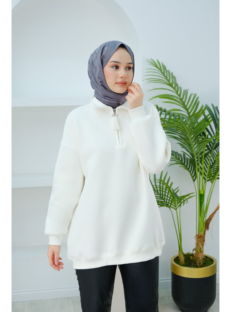Locco Moda Beyaz Yarım Fermuar Detay Sweat