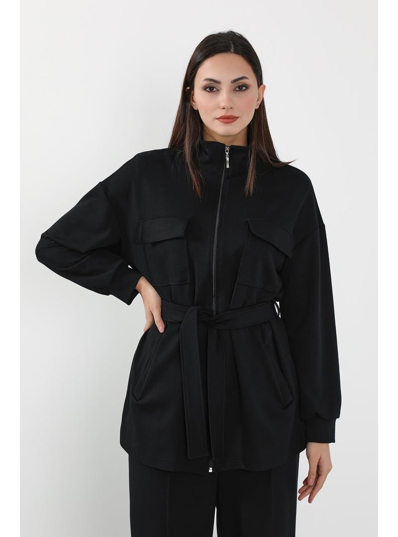 Aisha`s Design Siyah Fermuarlı Cepli Swet Ceket,sw