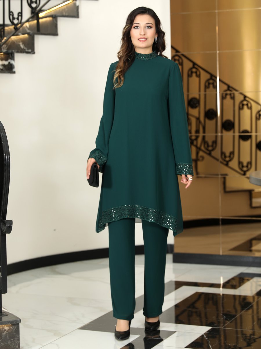 Elben Moda Zümrüt Yeşili Umay Şifon Abiye Takım