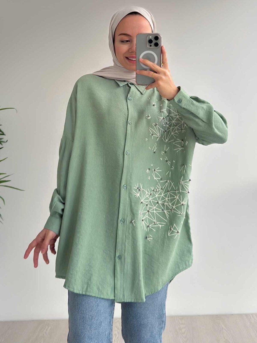 Ka Hijab Taş Ve Boncuk İşlemeli Gömlek Yeşil