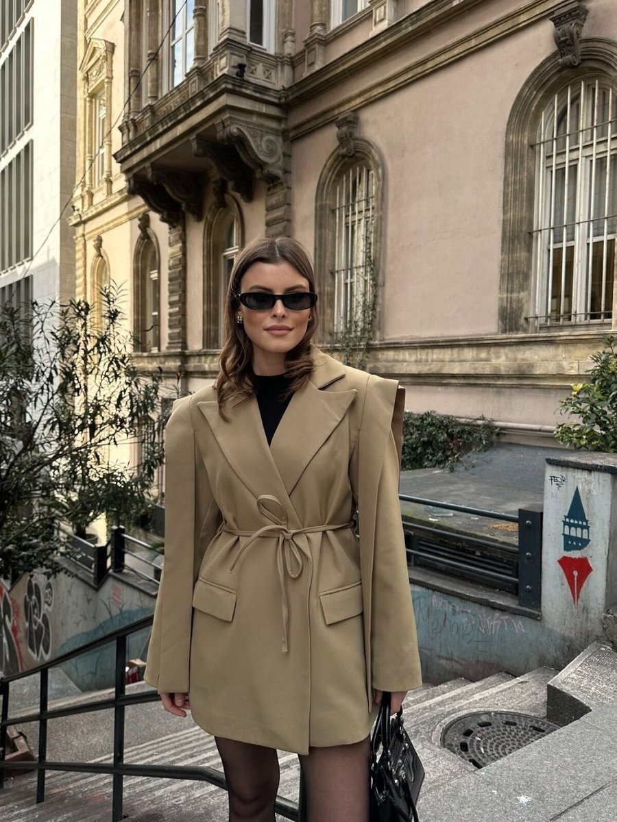 VOLT CLOTHİNG Haki İp Bağlamalı Omuz Detaylı Astarlı Blazer Ceket