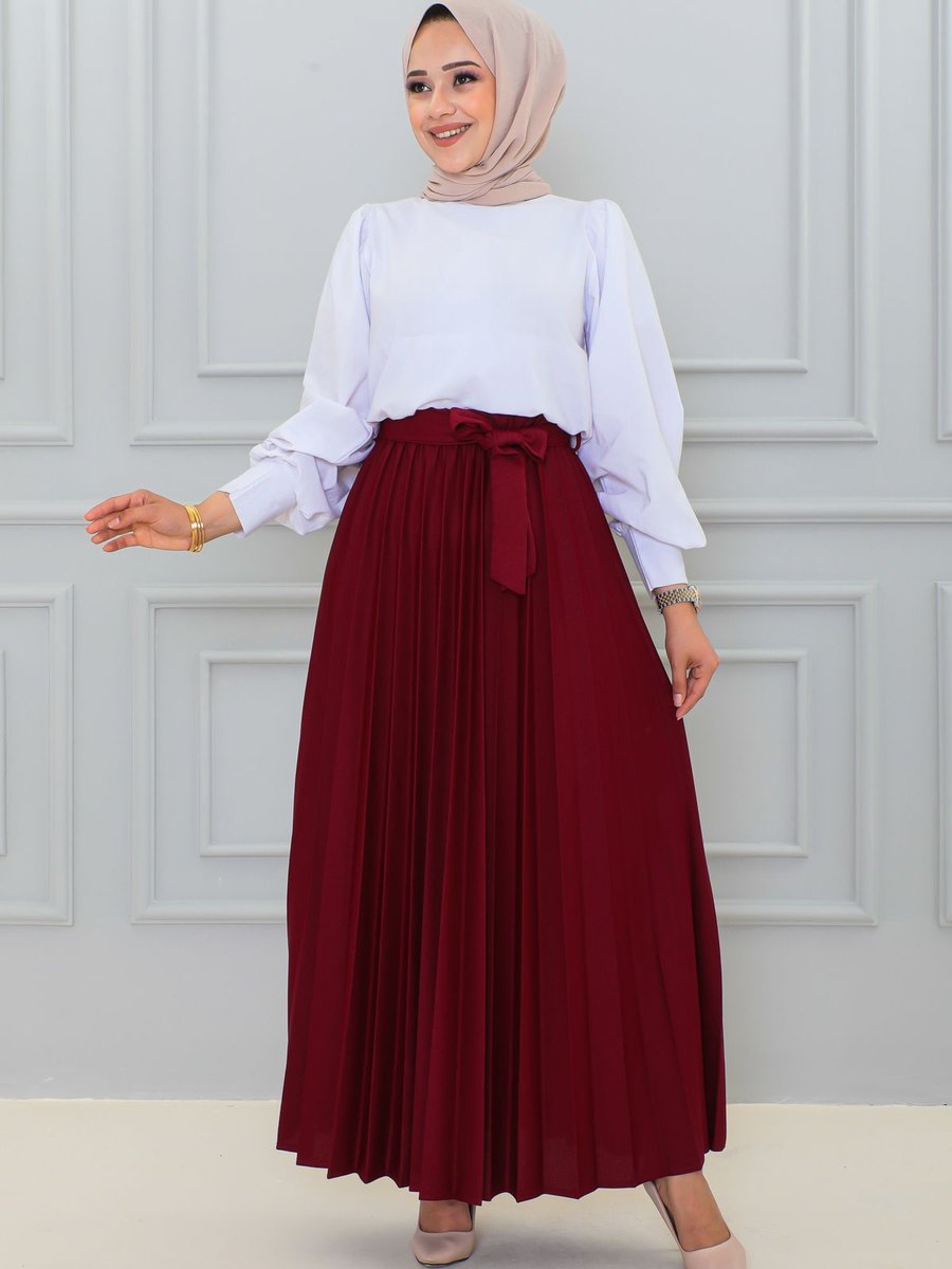 Moda Ebva Kuşaklı Pileli Uzun Etek Bordo