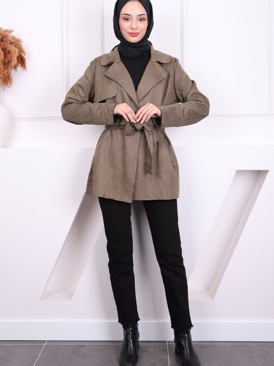 İmajbutik Haki Bel Kuşaklı Nubuk Ceket