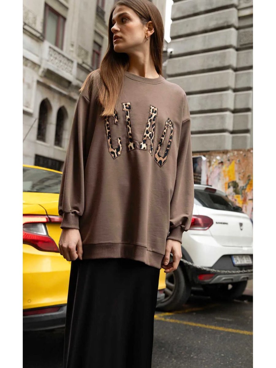 Lotus Leopar Aplikeli Sweatshırt Toprak