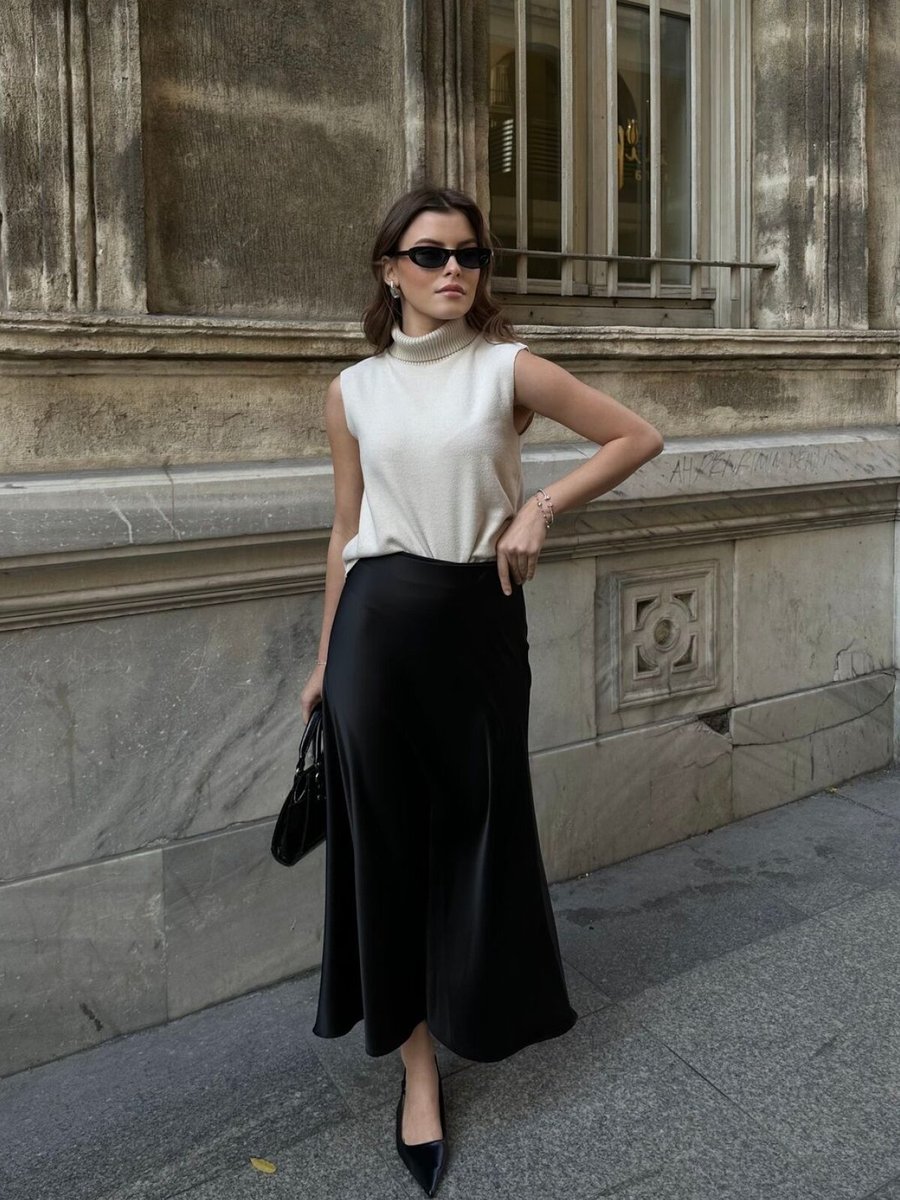 VOLT CLOTHİNG Siyah Crep Saten Uzun Etek