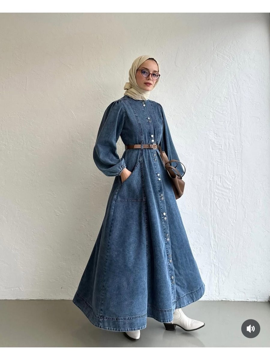Olalady Düğme Detaylı Deri Kemerli Denim Kot Elbise
