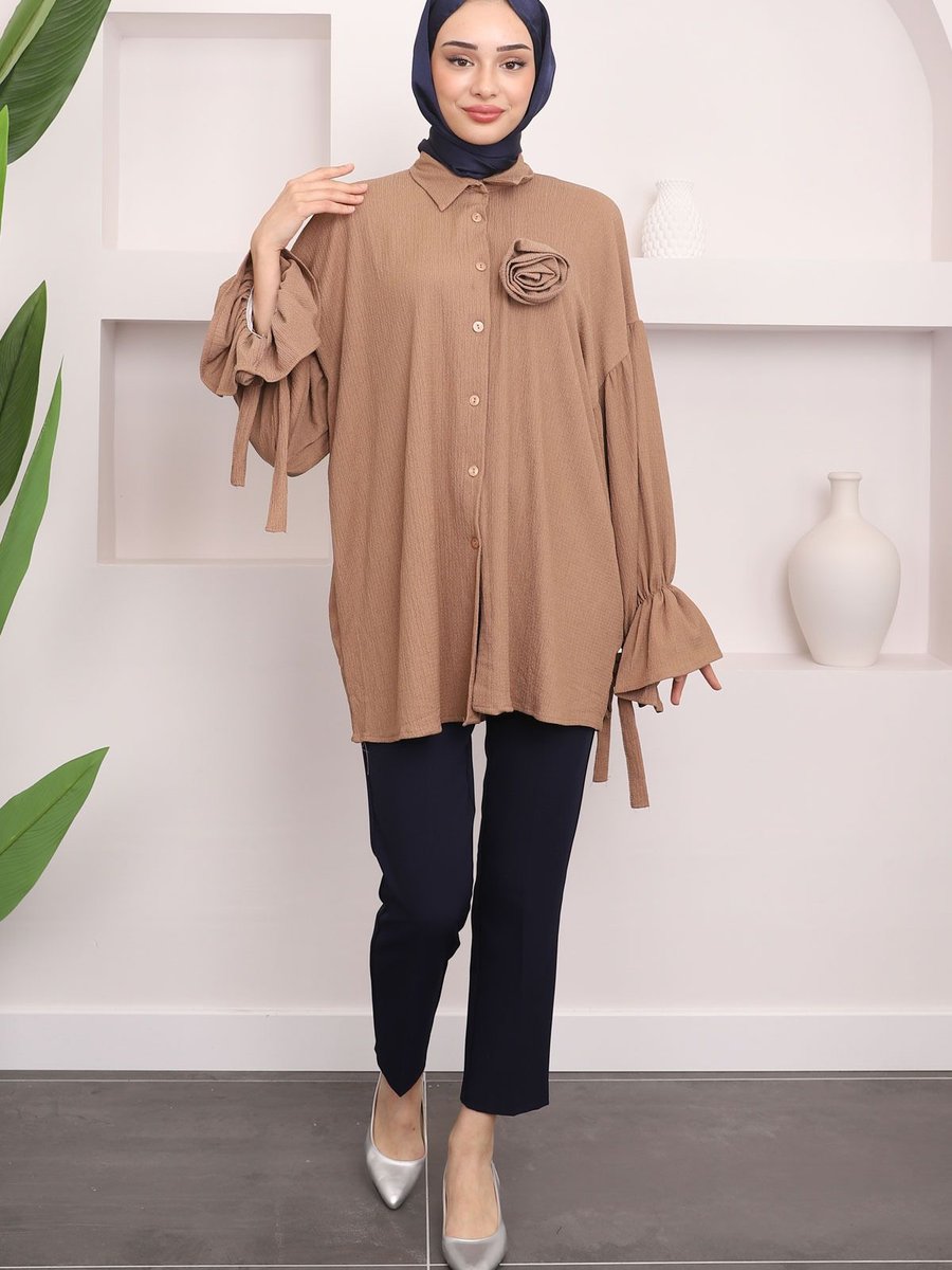 İmajbutik Vizon Kol Detaylı Bronşlu Gömlek