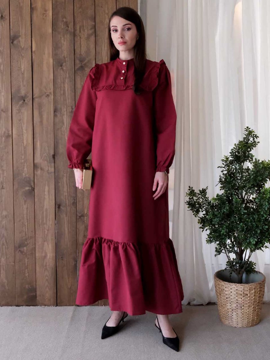Ceylan Otantik Bordo Yakası Fırfır Detay Elbise