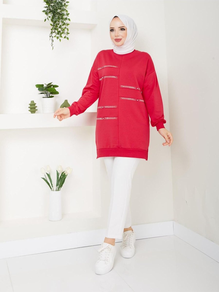 Moda Bisiklet Yaka Uzun Sweatshirt Çizgi