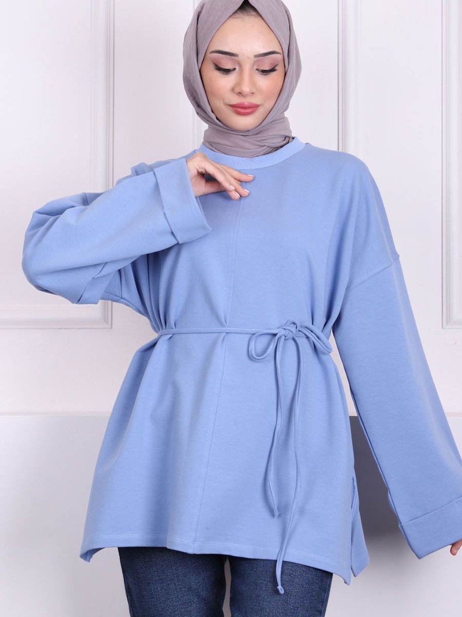 İmajbutik İndigo Dikiş Detaylı Yanları Yırtmaçlı Sweatshirt