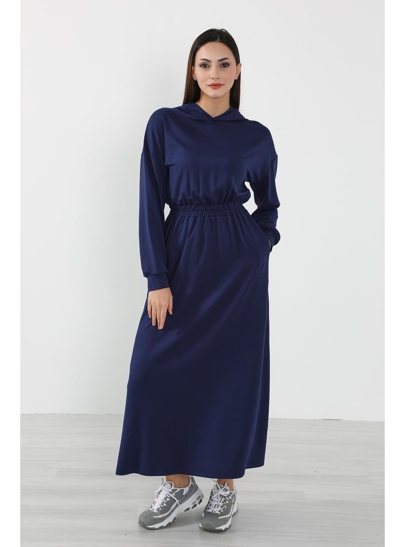 Aisha`s Design Lacivert Rahat Kesim Günlük Kapüşonlu Elbise,elb