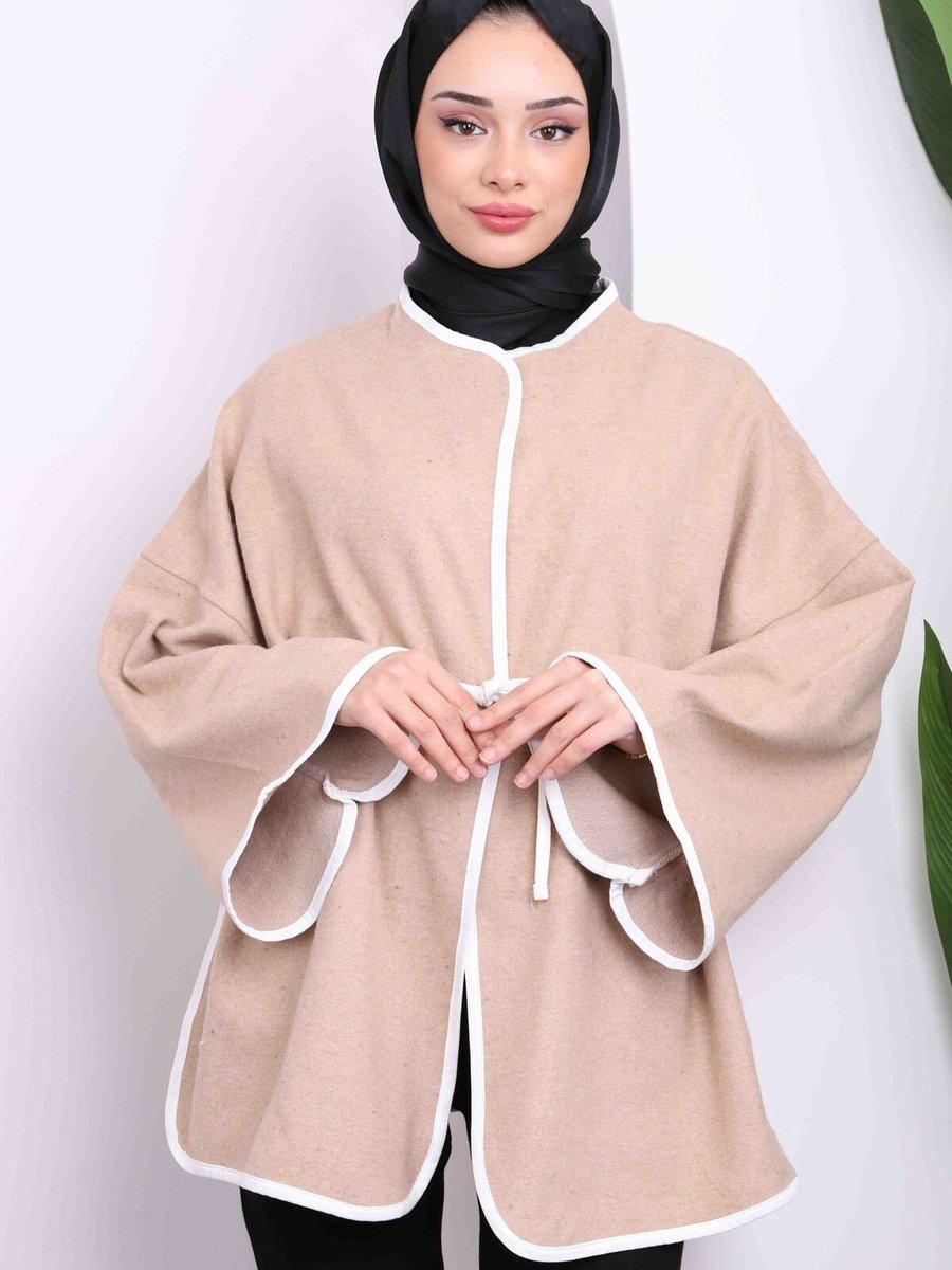 İmajbutik Bej Bel Bağlamalı Kaşe Kimono Ceket