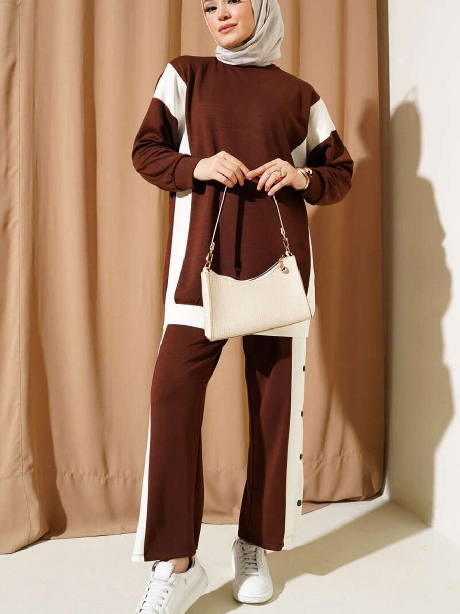 VOLT CLOTHİNG Kahverengi Loyşa Şerit Detaylı İkili Takım