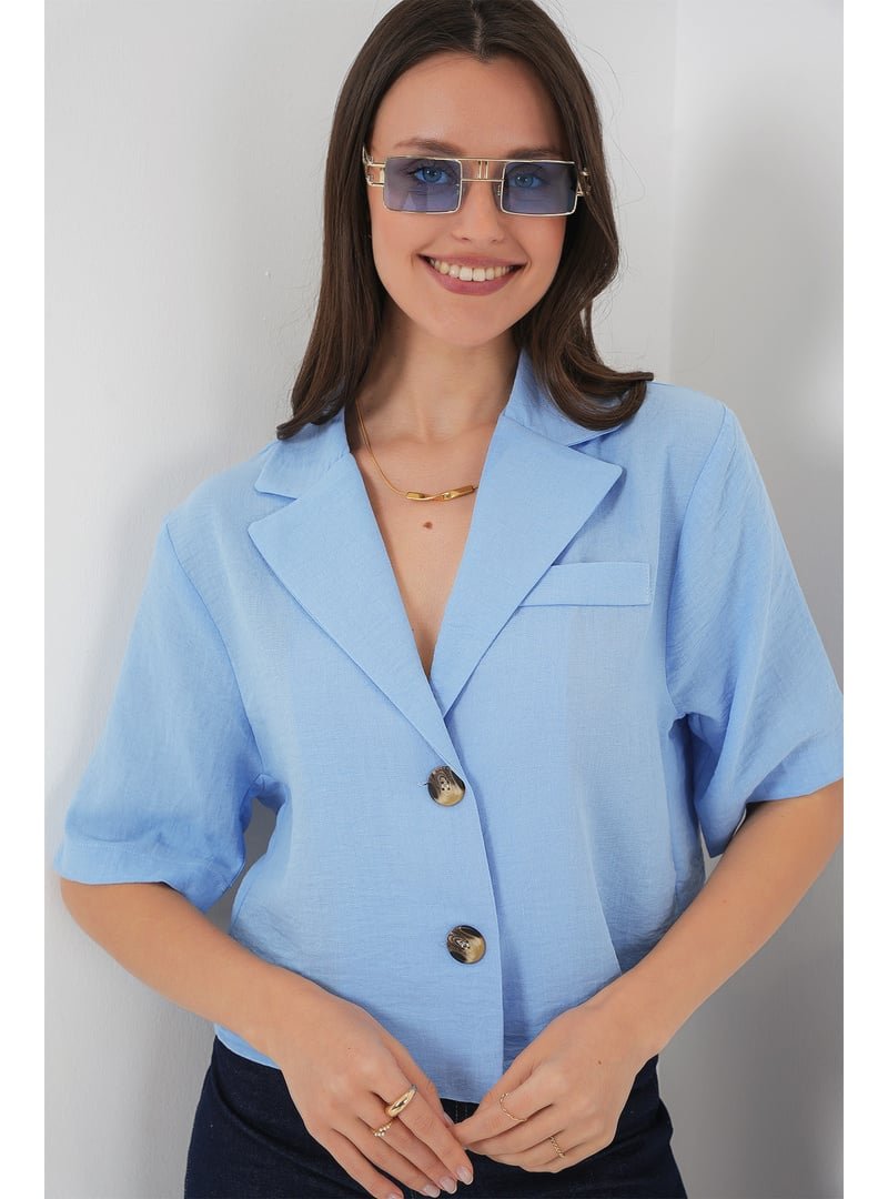 Bigdart Mavi Crop Keten Ceket