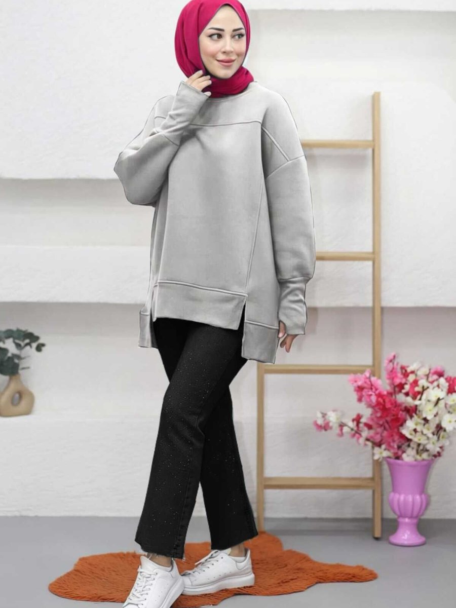Cng Moda Tesettür Eteği Yırtmaçlı Basic Sweatshirt
