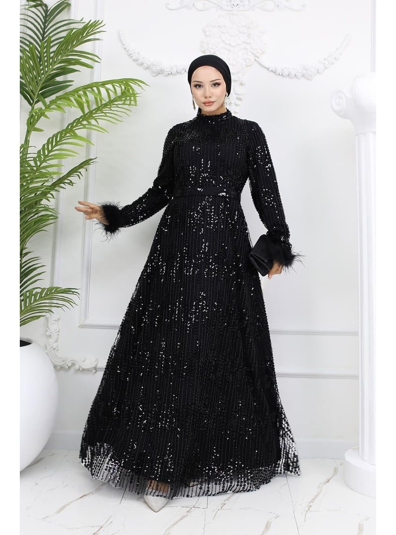 Hakimoda Siyah Süzen Boncuklu Abiye Elbise