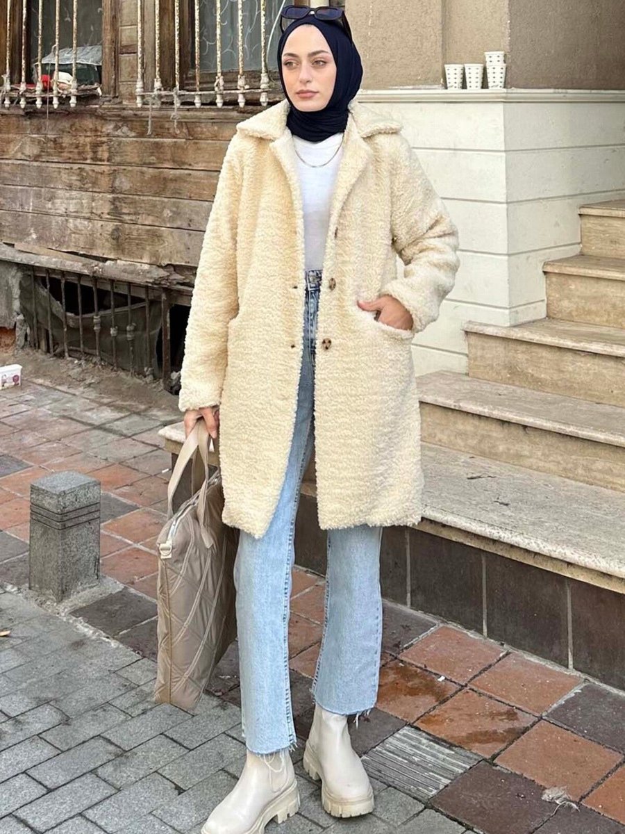 Lamelif Peluş Teddy Kaban Krem