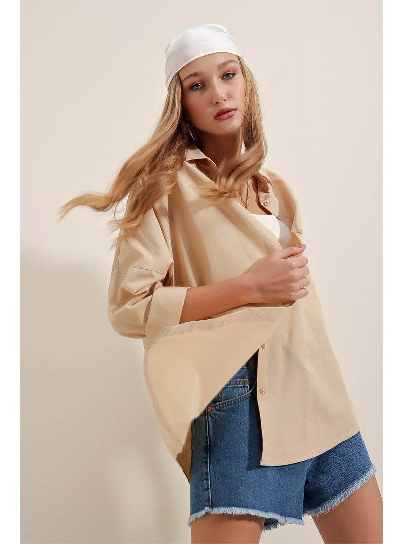 Bigdart Bej Oversize Uzun Basic Gömlek