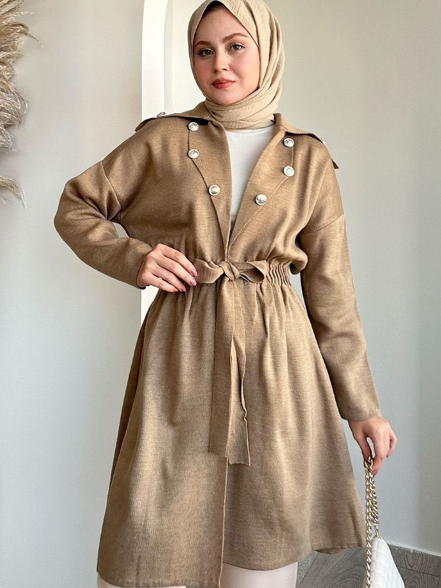 Instyle Düğme Detay Bağcıklı Bej Triko Hırka
