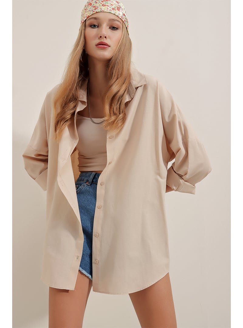 Bigdart Krem Oversize Uzun Basic Gömlek