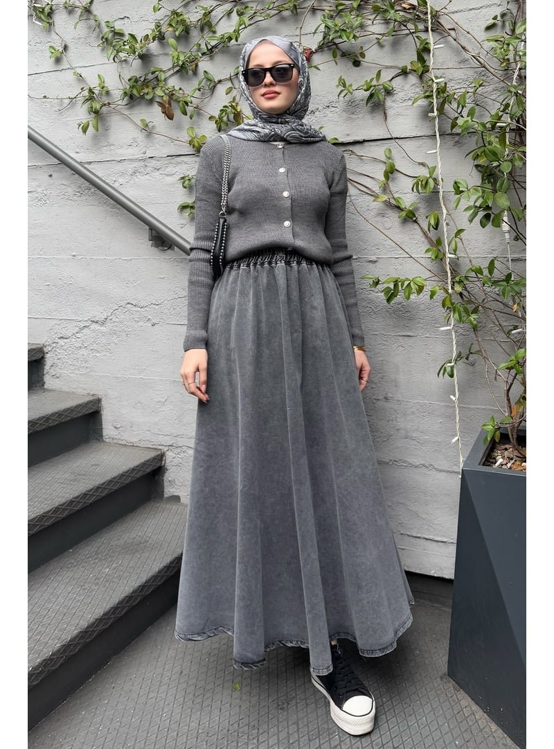 InStyle Beli Lastikli Gri Kot Etek