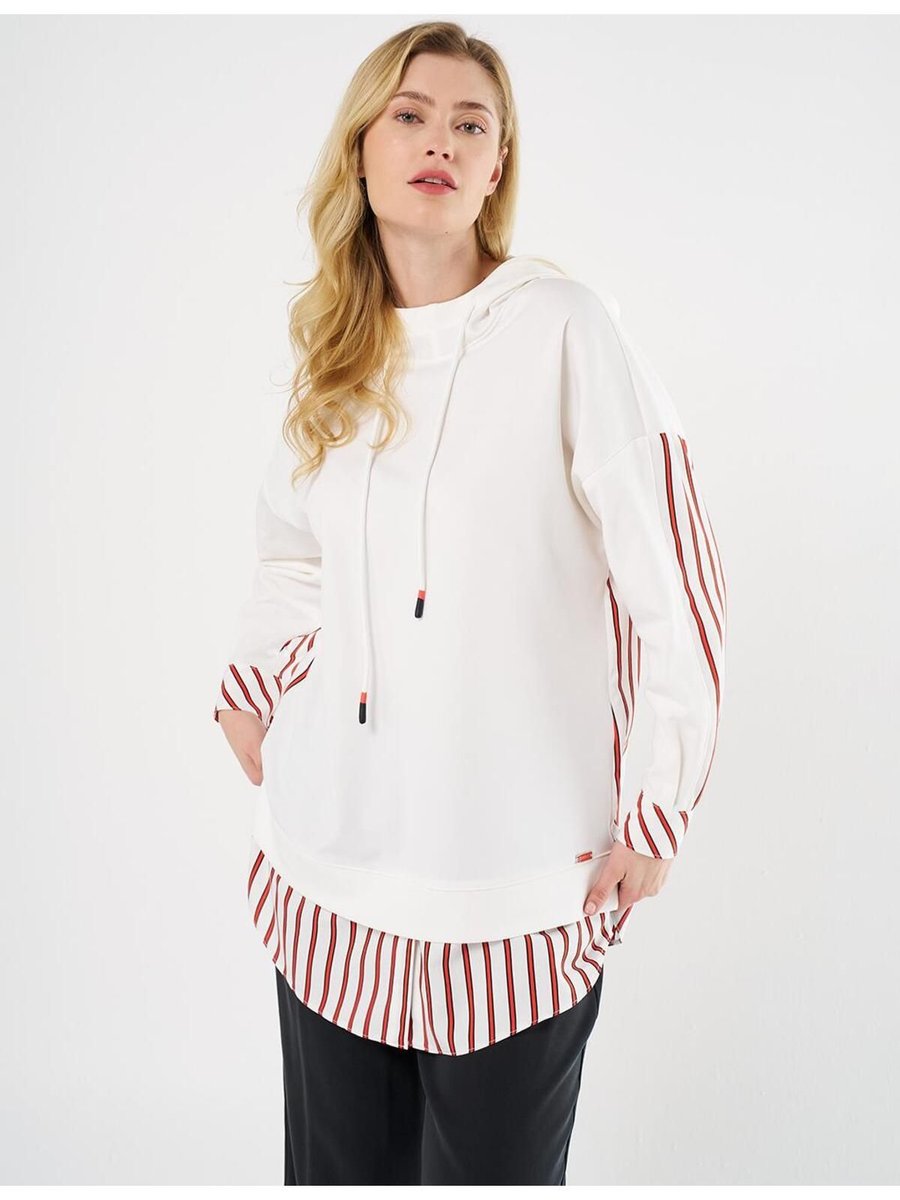 Kayra Kapüşonlu Garnili Sweatshirt Optik Beyaz