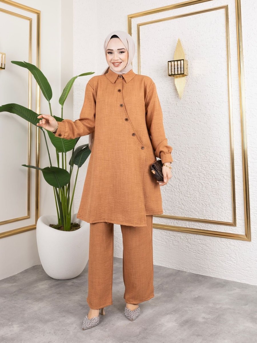 SFG Life Moda Kiremit Gömlek Yaka Önü Çapraz Düğmeli Ve İç Bağlamalı Pantolonlu İkili Keten Takım