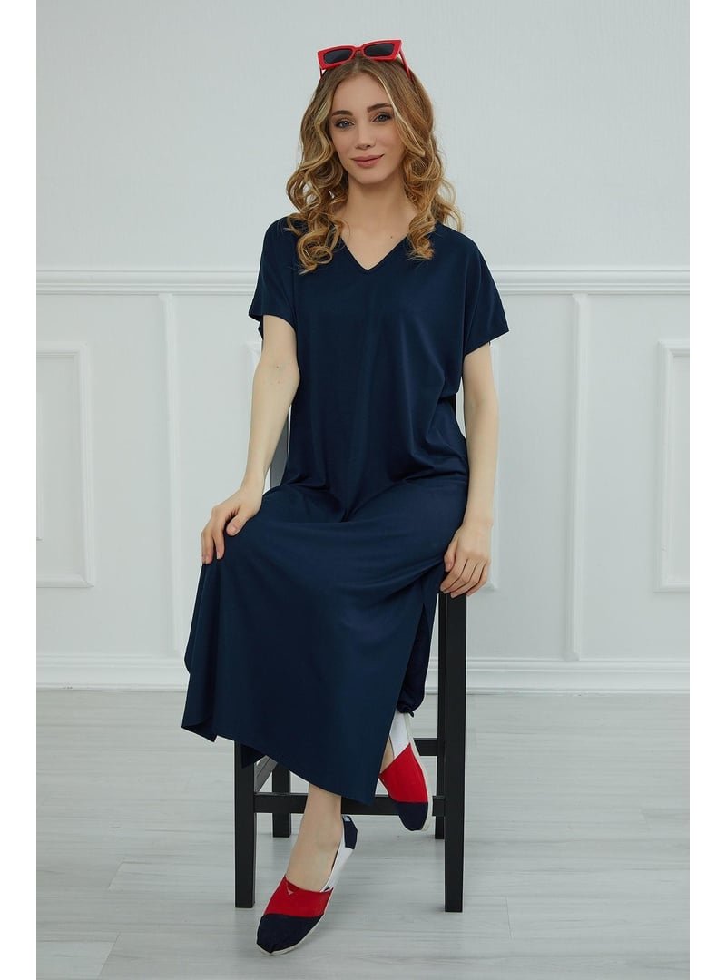 Aisha`s Design Lacivert Yırtmaçlı Penye Elbise,elb