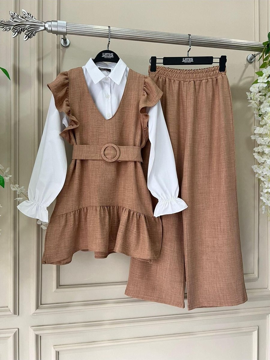 Moda Periy Kadın Pamuklu Fırfırlı 4'lü Kombin Gömlek Yelek Pantolon Kemer Tesettür Takım