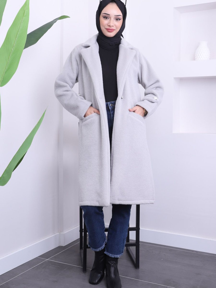 İmajbutik Gri Düğmeli Cepli Kaban
