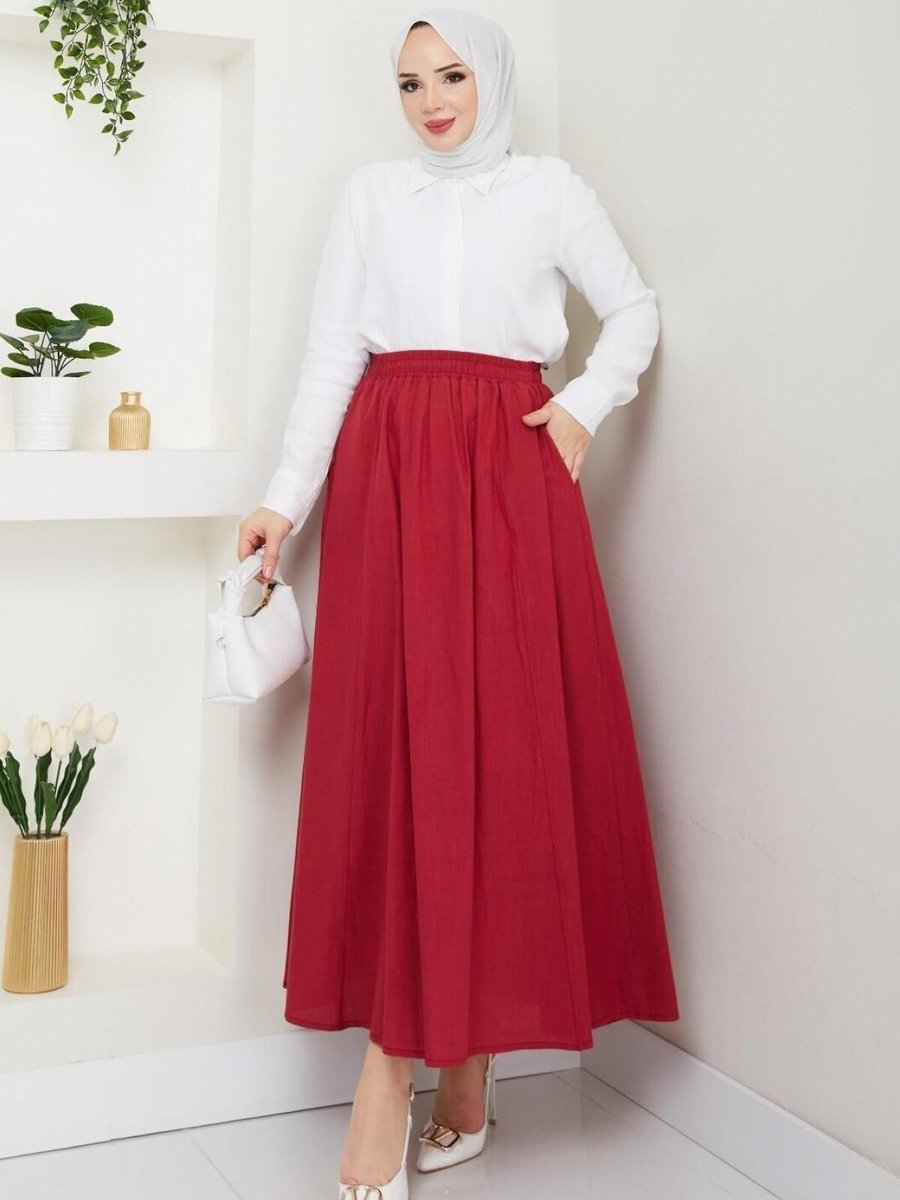 Nergis Neva Butik Bordo Cepli Beli Lastikli Keten Uzun Etek