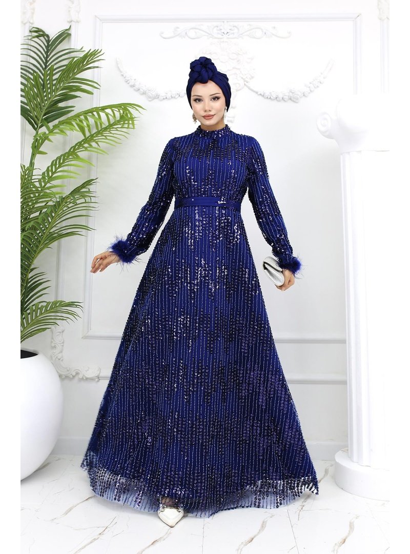 Hakimoda Lacivert Süzen Boncuklu Abiye Elbise
