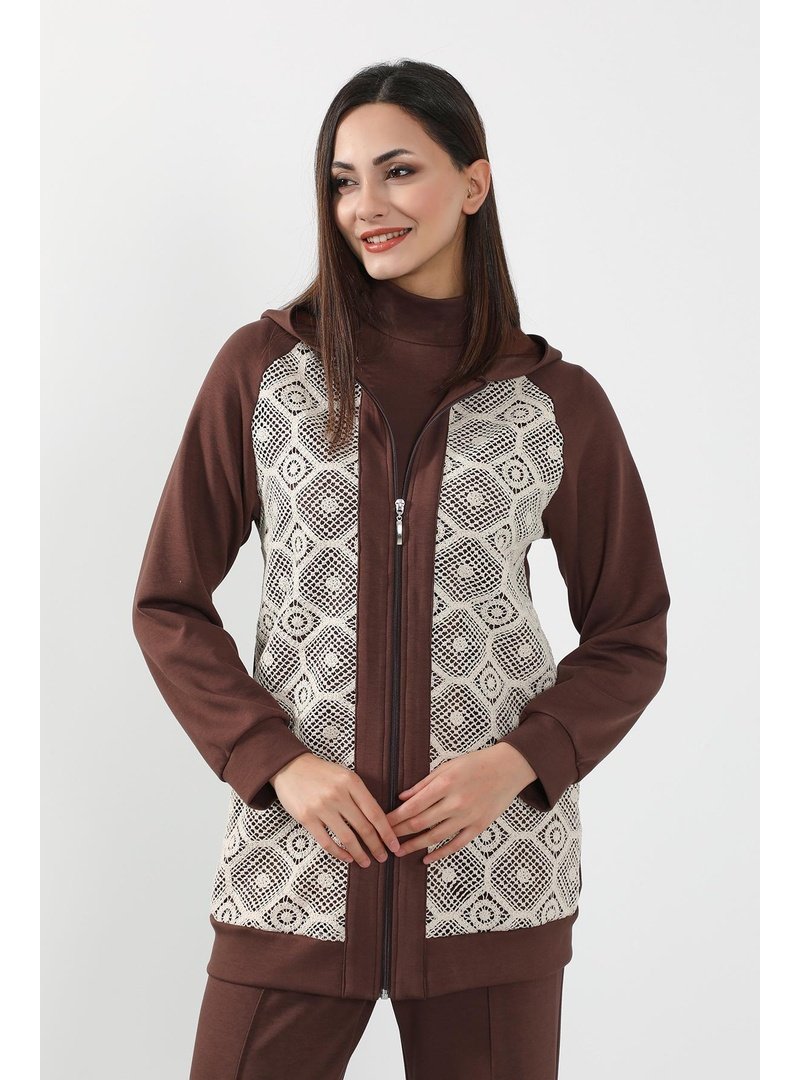 Aisha`s Design Kahverengi Dantel Detaylı Fermuarlı Kapüşonlu Hırka Swet,sw