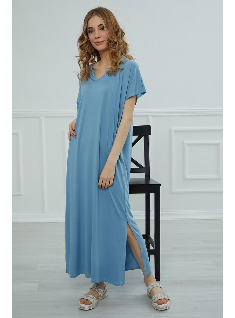 Aisha`s Design Mavi Yırtmaçlı Penye Elbise,elb