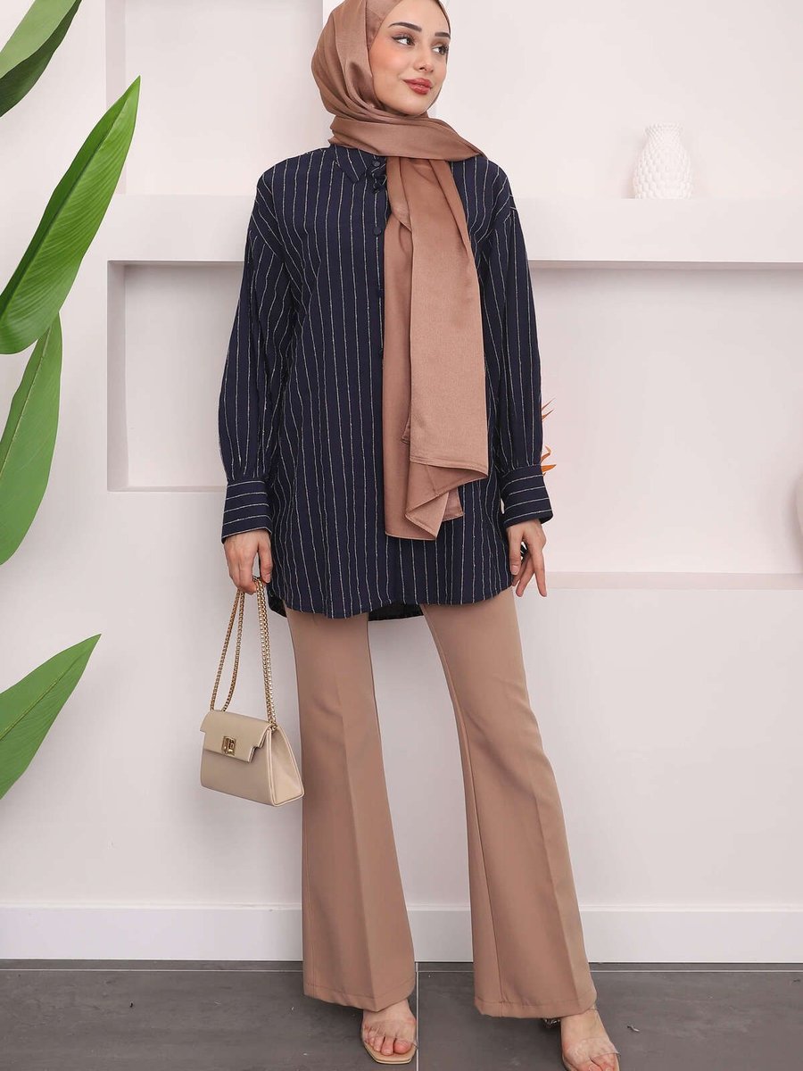 İmajbutik Lacivert Çizgili Keten Gömlek