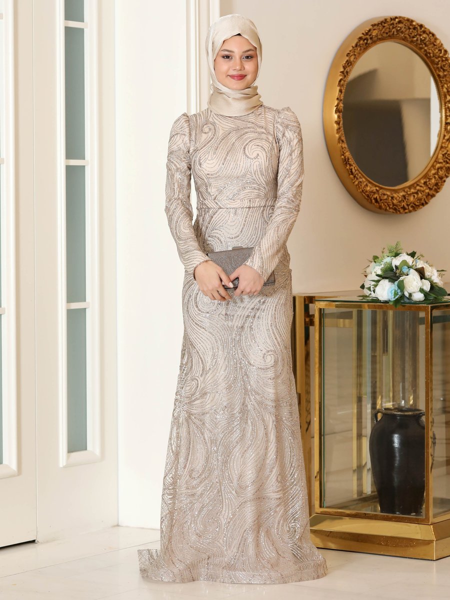 Azra Design Gold Rengi Irmak Abiye Elbise