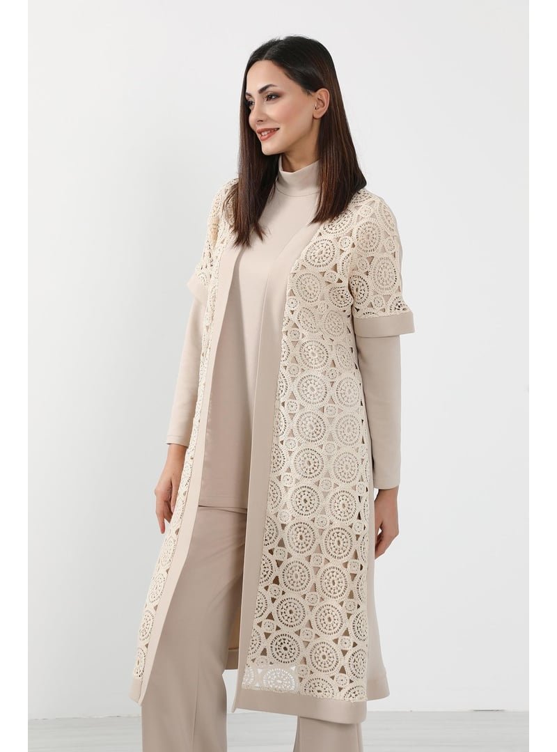 Aisha`s Design Bej Dantel Detaylı Kısa Kol Kimono Tunik,sw
