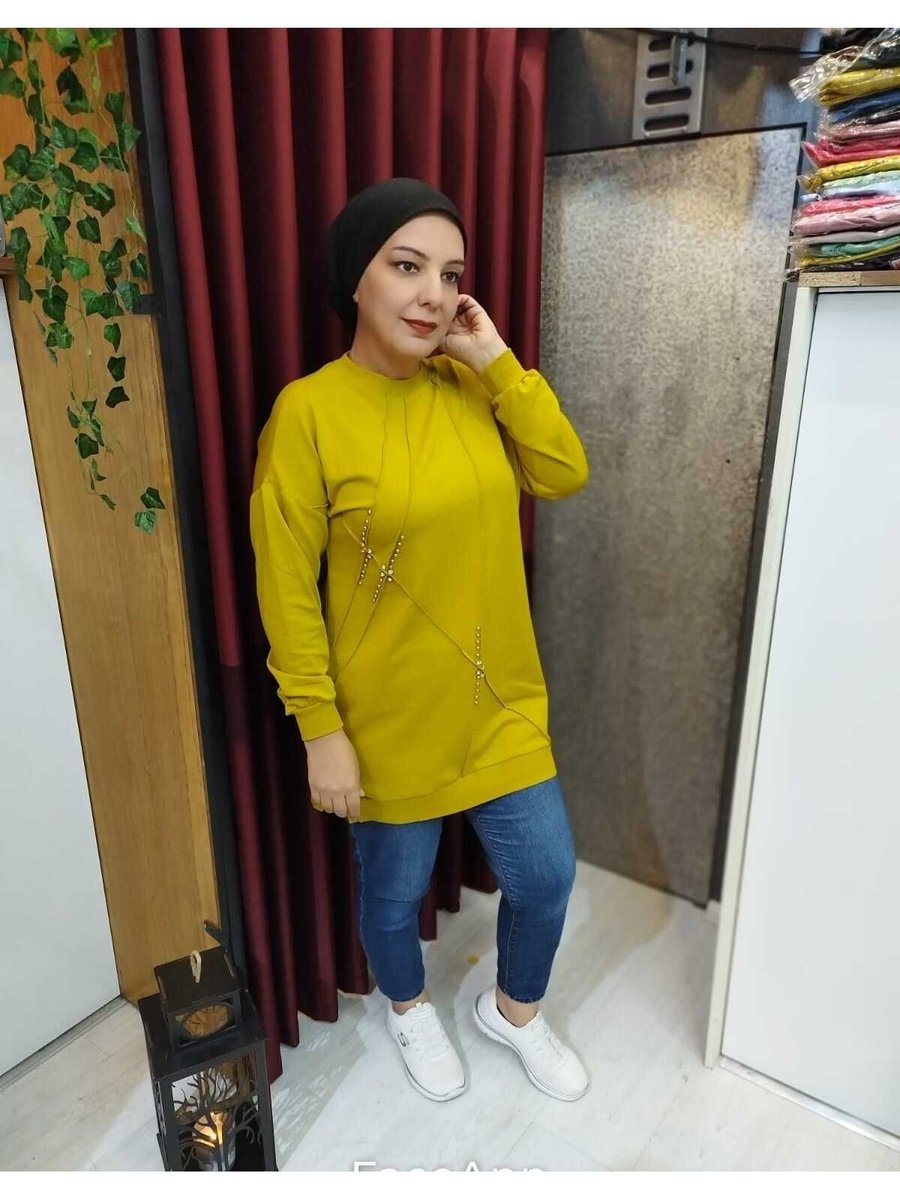 Moda Bisiklet Yaka Uzun Sweatshirt Taşlı