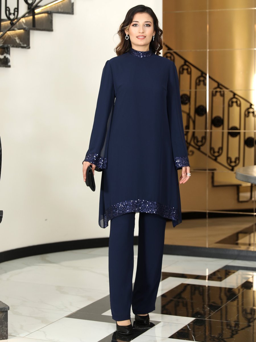 Elben Moda Lacivert Umay Şifon Abiye Takım