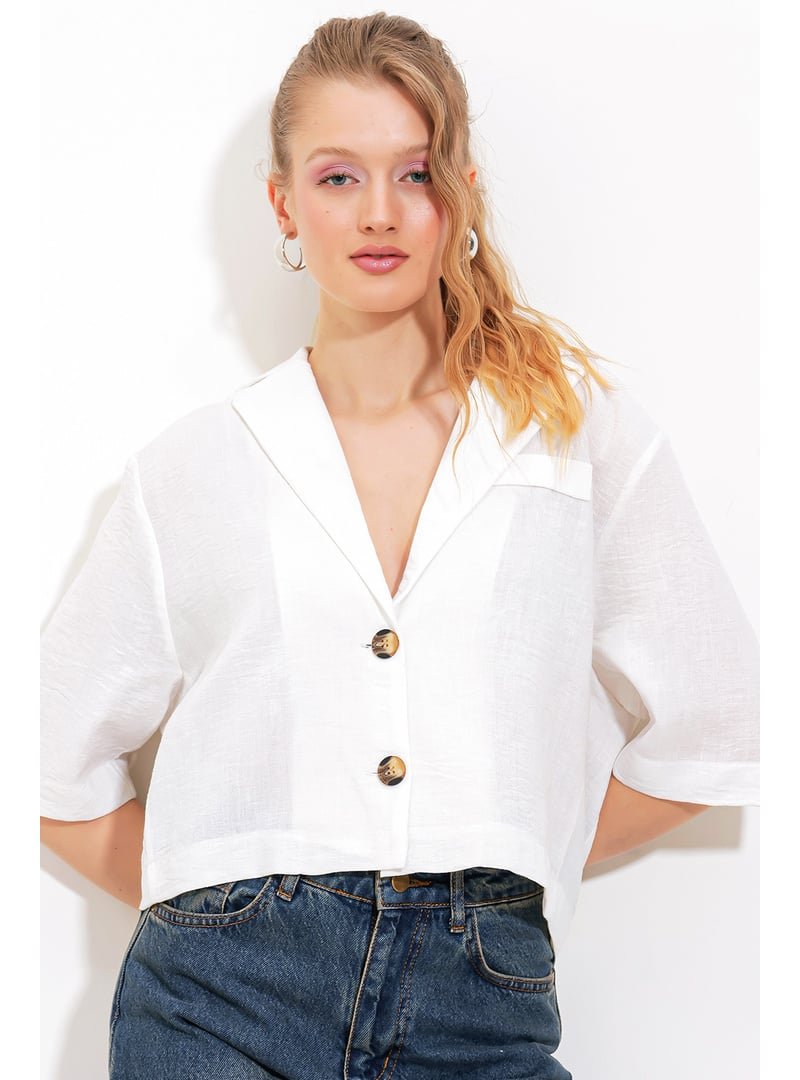 Bigdart Beyaz Çift Düğmeli Oversize Crop Keten Ceket