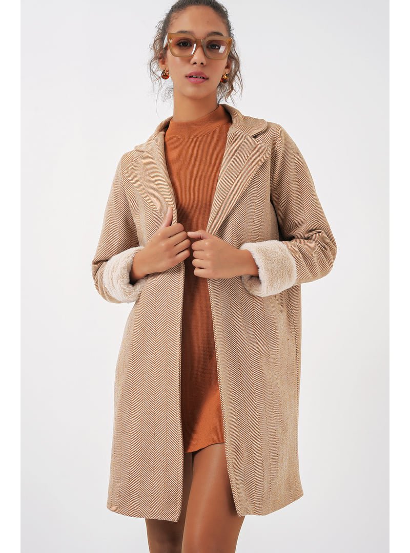 Bigdart Camel Balık Sırtı Kaşe Kaban