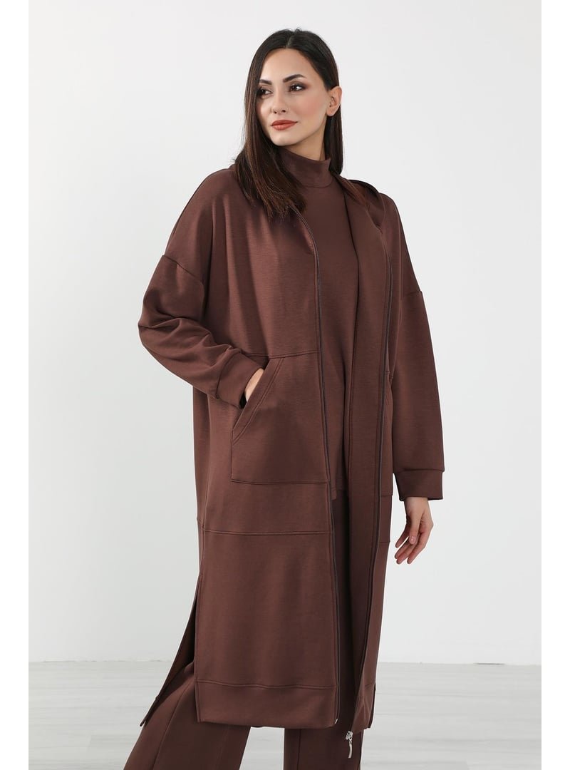 Aisha`s Design Kahverengi Fermuarlı Uzun Tunik,sw