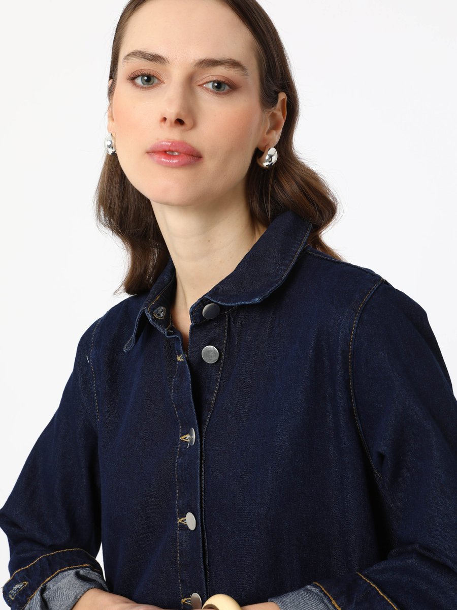 Benin Mavi Düğme Detaylı Katlı Denim Elbise