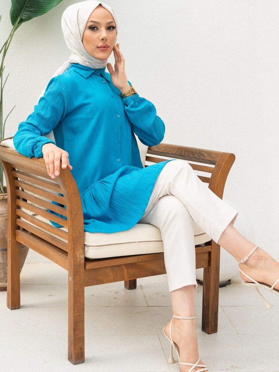İmajbutik Saks Mavi Kol Lastikli Eteği Katlı Tunik