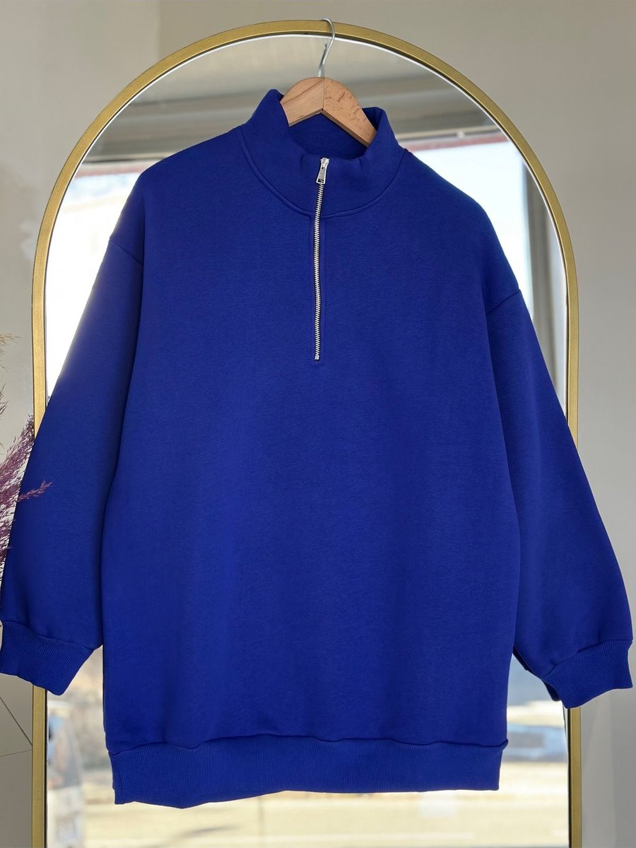Ebrar Store Birgül Fermuarlı Yarım Balıkçı Üç İp Sweat Saks