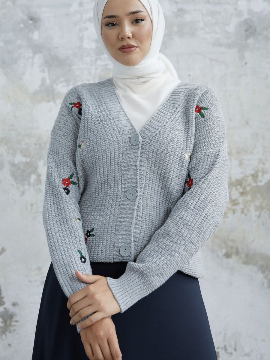 Instyle Helly Papatya İşlemeli Hırka Gri